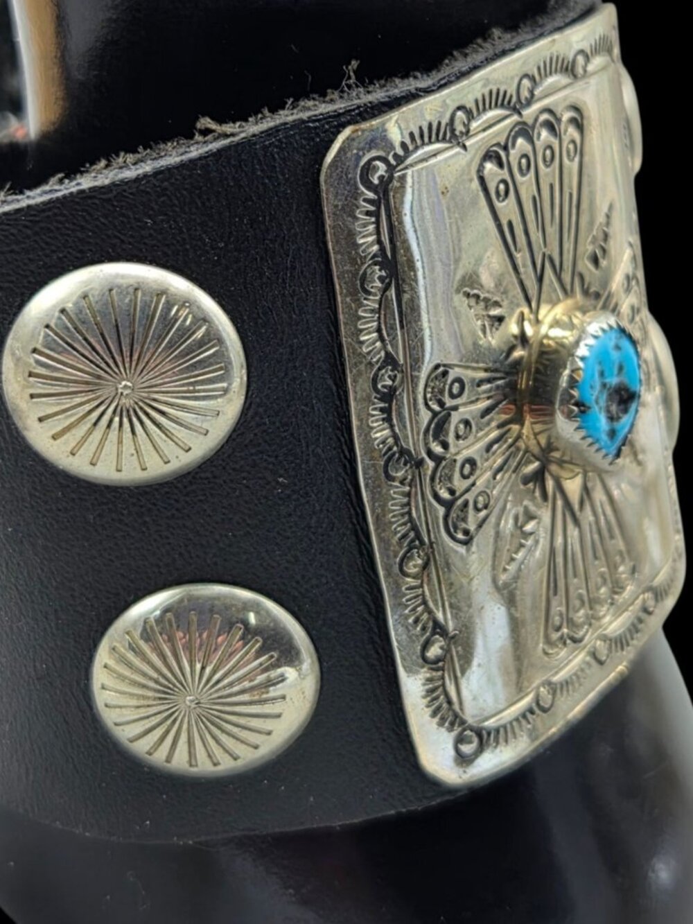 Vtg Navajo Sterling Silver Untreated Turquoise Ketoh Leather Bow Guard Cuff 40g - Picture 9 of 16